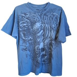 Sinister Skull Blue SS Grunge MMA UFC Y2K Affliction Style Graphic Tee Large EUC